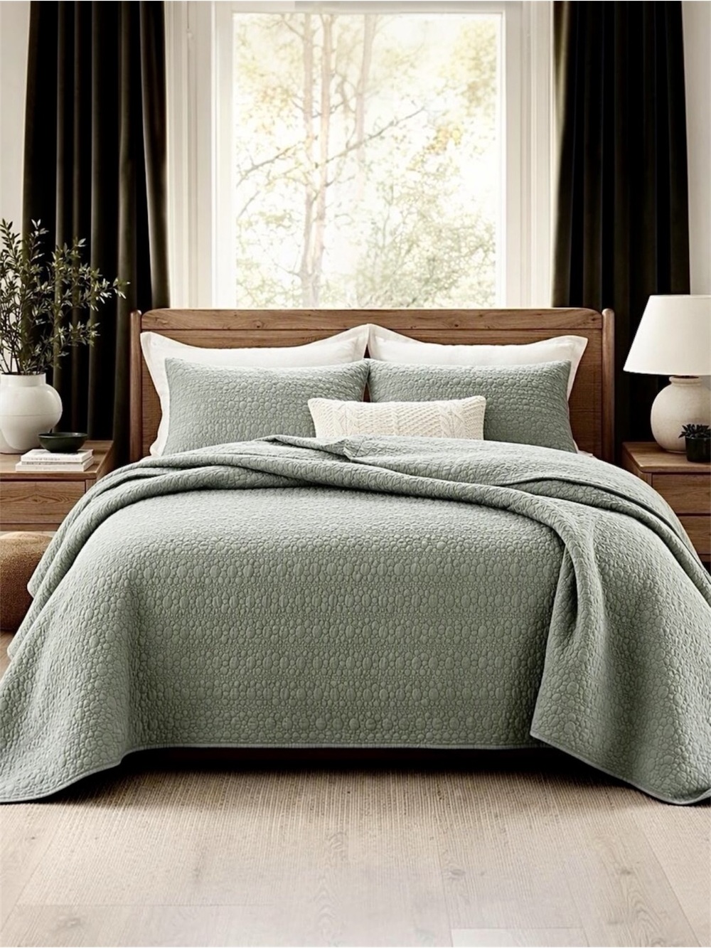 NEW West Elm Green Stone Print Ultra Soft Queen King Bedding Bedspread Sham Set